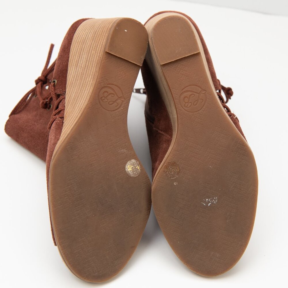 Lucky Brand Javelin Suede Booties Lace Up Peep Toe Wedge Heel Boot Size 9.5 - Picture 7 of 8